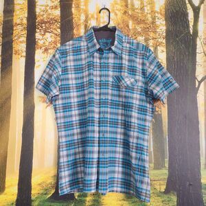 Kuhl Mens Large Short Sleeve Button Up Shirt Blue Plaid Cotton Blend Breathable